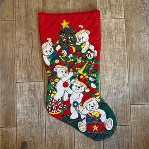 Vintage Cranston Handcrafted Jumbo Stocking Teddy Bear Christmas 13x30” Quilted